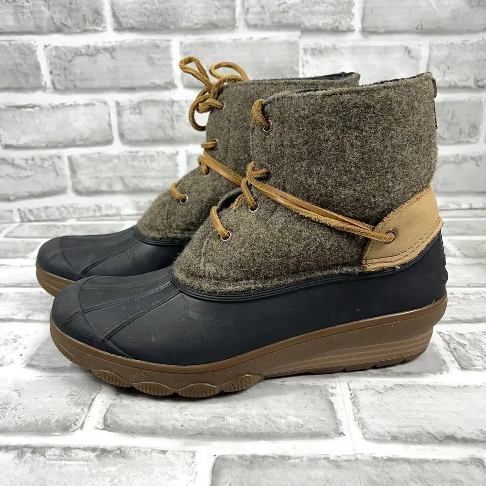 Sperry Black Rubber & Olive Wool Waterproof Winter Boots with Brown Trim